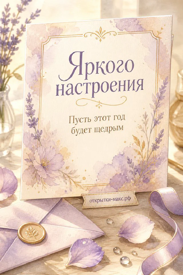Открытка «Яркого настроения» с жёлтой мимозой, белыми цветами и голубыми мускари на белом фоне — вариант 2
