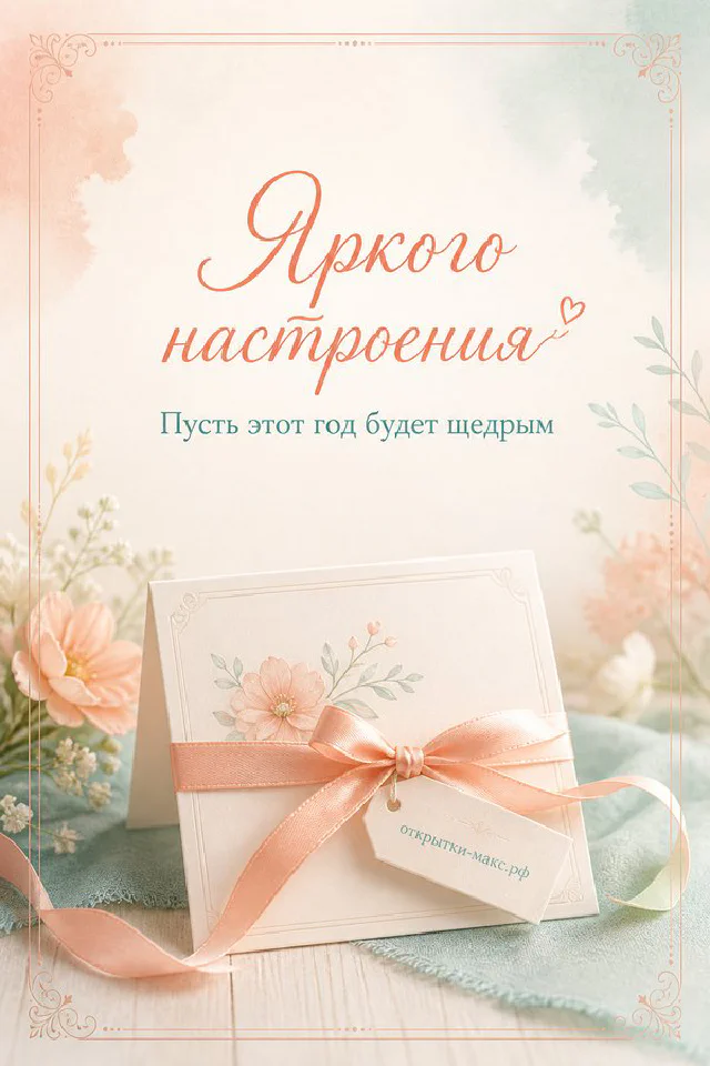 Открытка «Яркого настроения» с жёлтой мимозой, белыми цветами и голубыми мускари на белом фоне — вариант 3