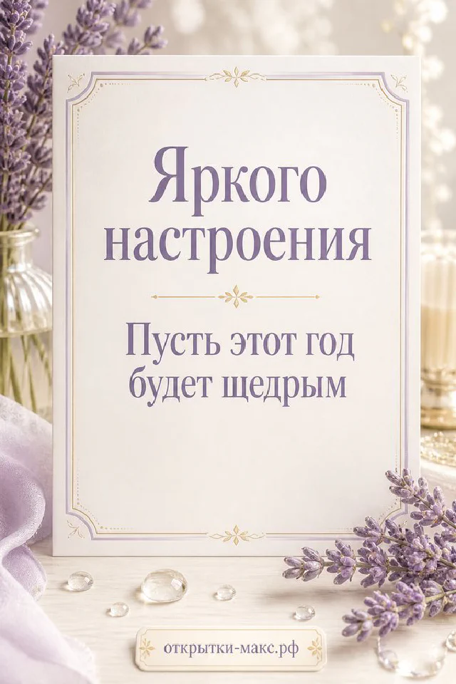 Открытка «Яркого настроения» с жёлтой мимозой, белыми цветами и голубыми мускари на белом фоне — вариант 4