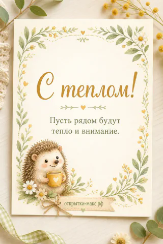Открытка с нарисованным ёжиком, держащим жёлтую кружку кофе, в рамке из листьев и ромашек, надпись «С теплом!»