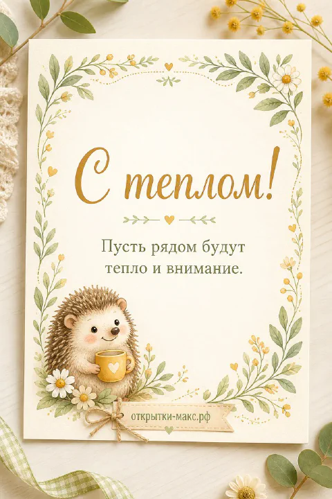 Открытка с нарисованным ёжиком, держащим жёлтую кружку кофе, в рамке из листьев и ромашек, надпись «С теплом!»