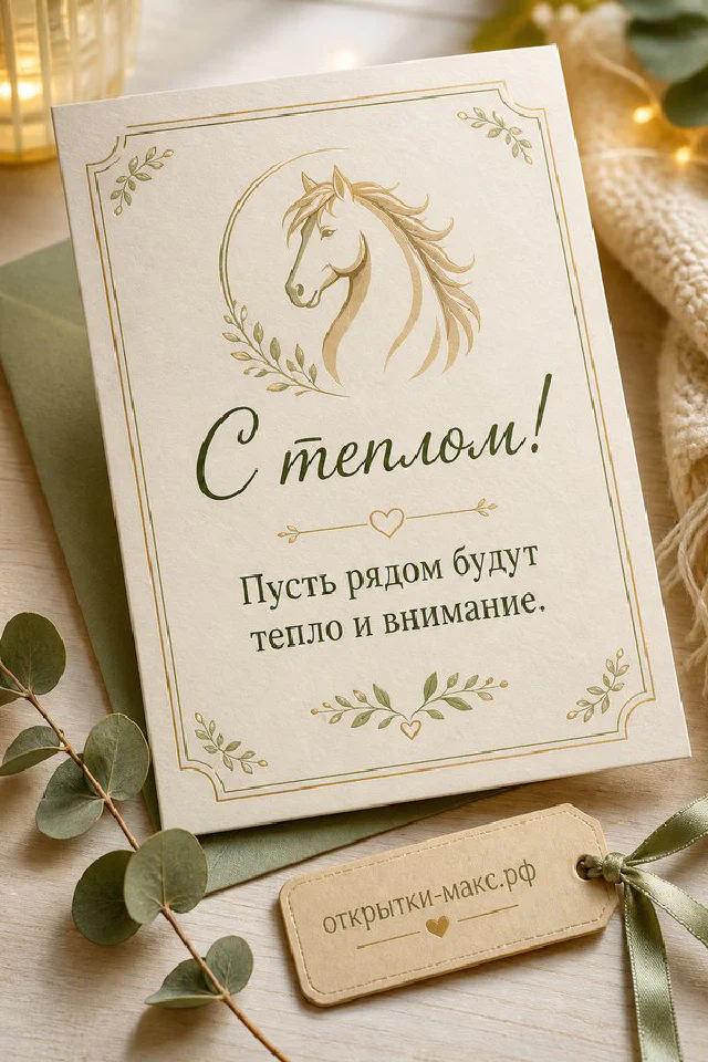 Открытка с нарисованным ёжиком, держащим жёлтую кружку кофе, в рамке из листьев и ромашек, надпись «С теплом!» — вариант 3