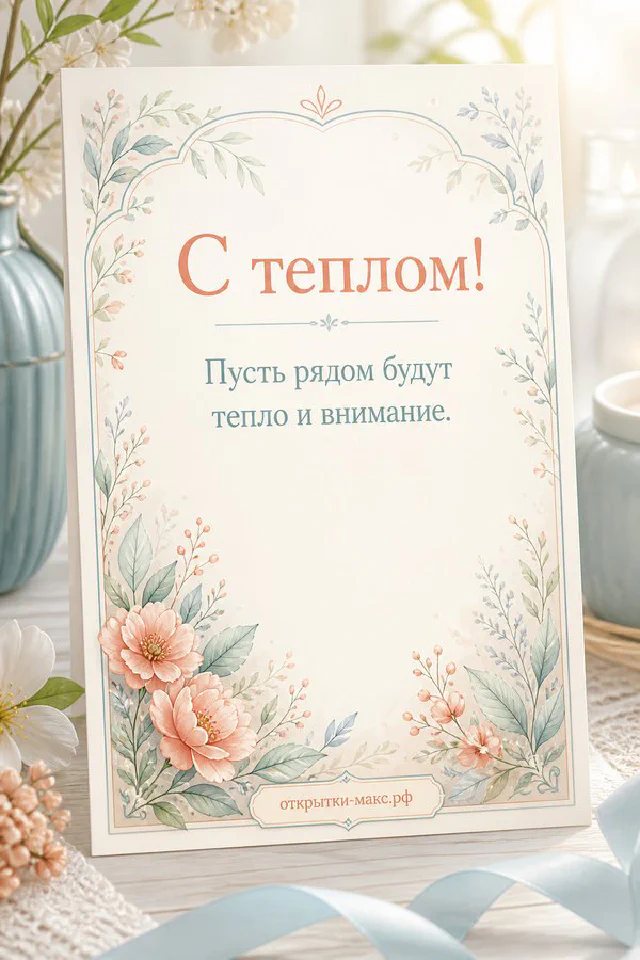 Открытка с нарисованным ёжиком, держащим жёлтую кружку кофе, в рамке из листьев и ромашек, надпись «С теплом!» — вариант 4
