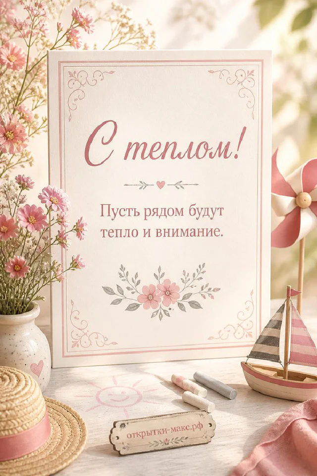 Открытка с нарисованным ёжиком, держащим жёлтую кружку кофе, в рамке из листьев и ромашек, надпись «С теплом!» — вариант 6