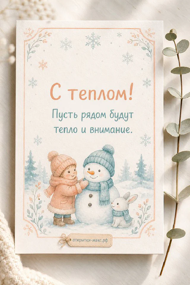 Открытка с нарисованным ёжиком, держащим жёлтую кружку кофе, в рамке из листьев и ромашек, надпись «С теплом!» — вариант 5