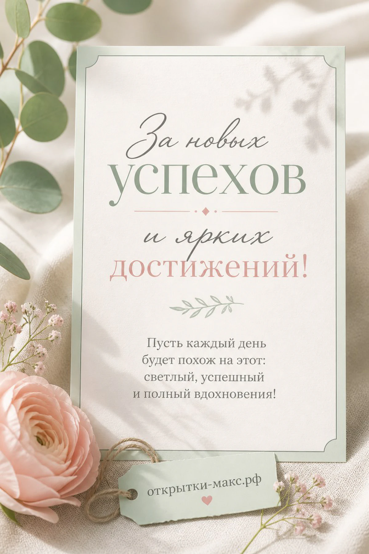 Открытка-карточка с розовым ранункулем на льняном фоне и надписью За новых успехов и ярких достижений