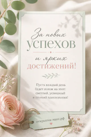 Открытка-карточка с розовым ранункулем на льняном фоне и надписью За новых успехов и ярких достижений