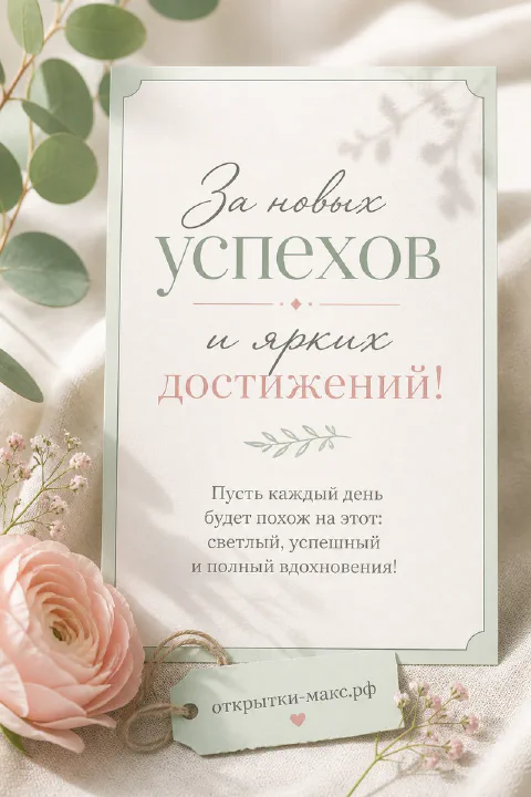 Открытка-карточка с розовым ранункулем на льняном фоне и надписью За новых успехов и ярких достижений