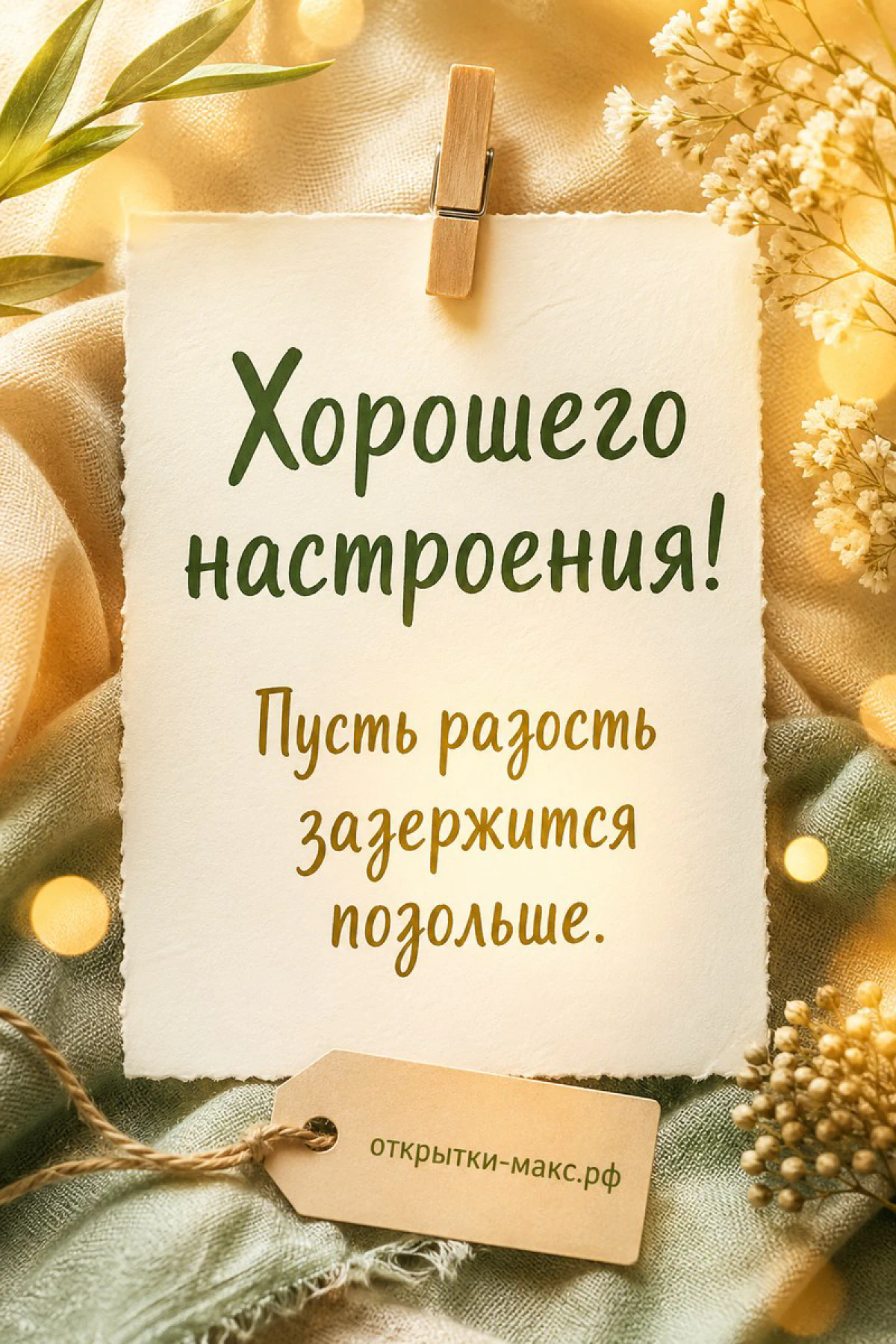 Бумажная записка на деревянной прищепке среди сухоцветов с боке гирлянды в тёплых тонах