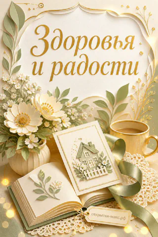 Открытка в золотисто-зелёных тонах с белыми цветами, книгой и чашкой кофе с надписью Здоровья и радости