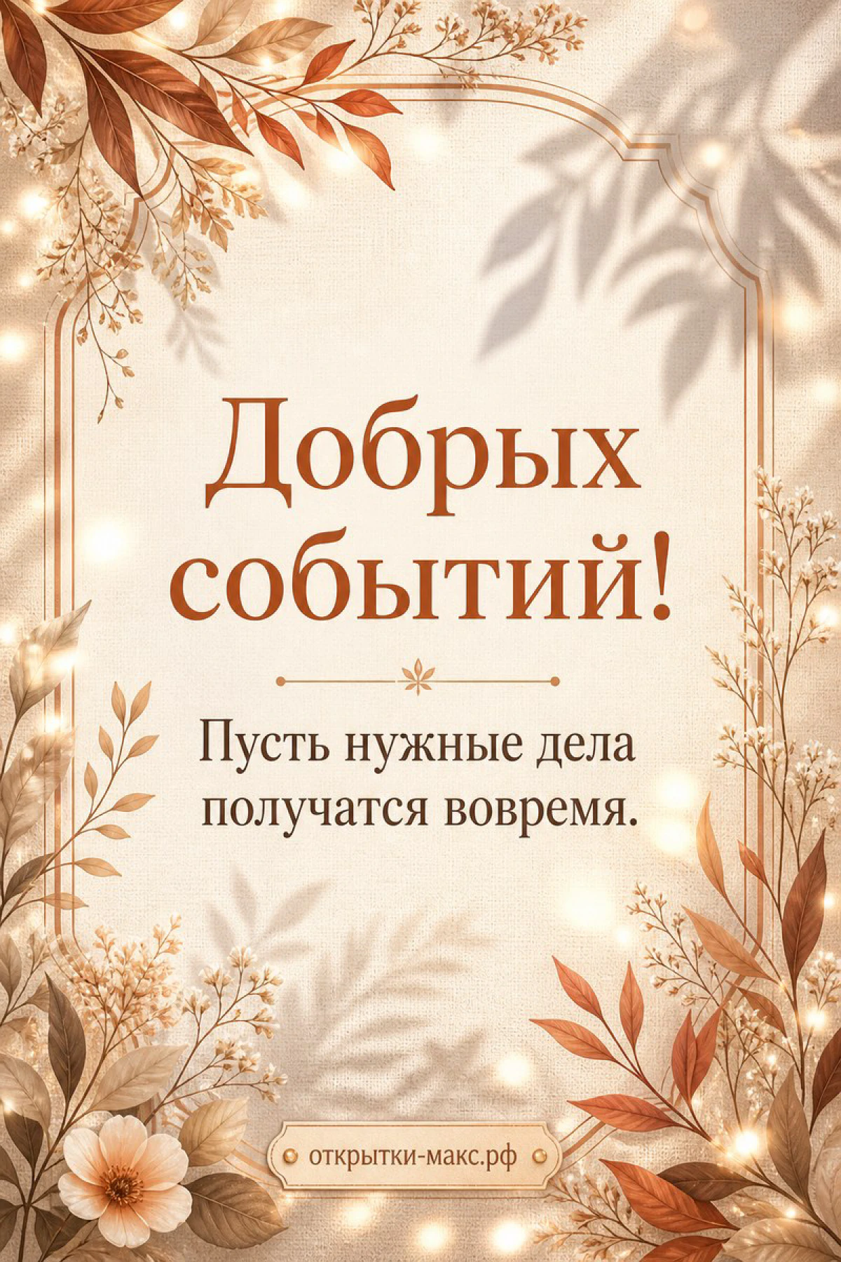 Открытка с надписью «Добрых событий» на светлом фоне с золотистым букетом и сухими листьями