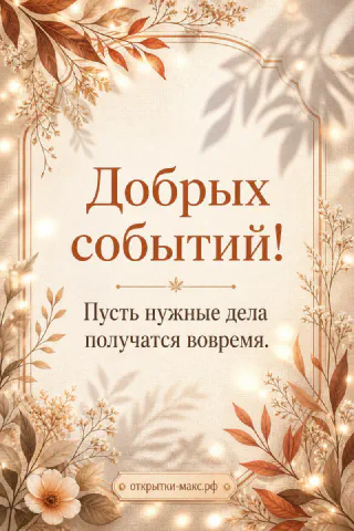 Открытка с надписью «Добрых событий» на светлом фоне с золотистым букетом и сухими листьями