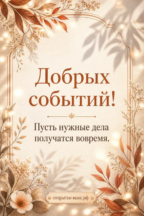 Открытка с надписью «Добрых событий» на светлом фоне с золотистым букетом и сухими листьями