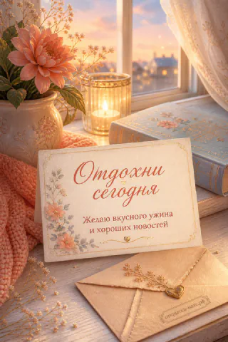Открытка с надписью «Отдохни сегодня» рядом с розовыми цветами, свечой и конвертом у заснеженного окна