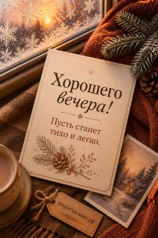 Открытка с еловой веткой и шишками рядом с конвертом, пледом и заснеженным окном