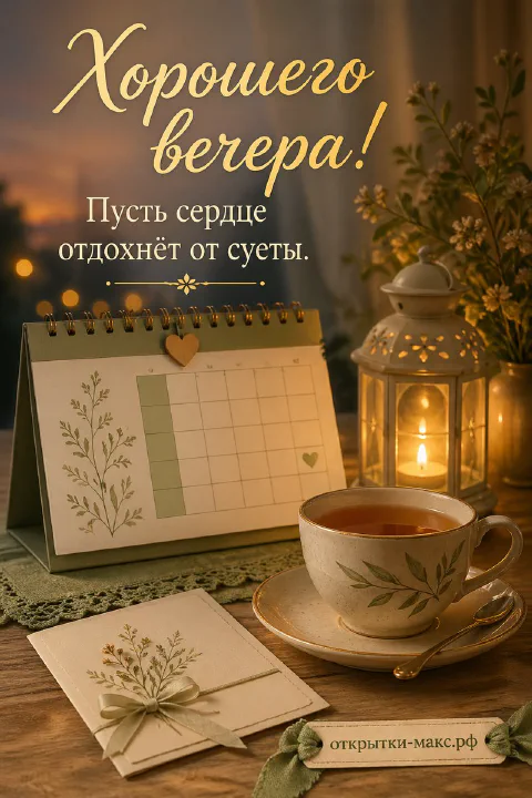 Чашка чая и светящийся фонарь рядом с настольным календарём, надпись Хорошего вечера на золотом фоне