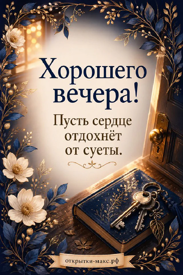 Чашка чая и светящийся фонарь рядом с настольным календарём, надпись Хорошего вечера на золотом фоне — вариант 2