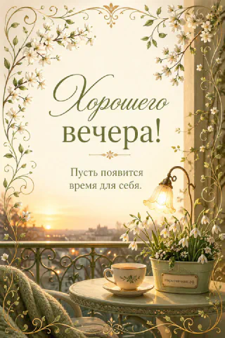 Чашка чая на столике балкона среди ландышей на фоне закатного города, надпись Хорошего вечера