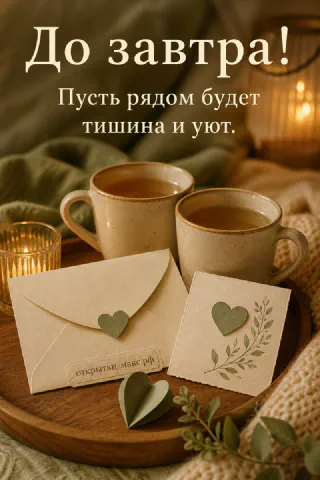 Два крафтовых конверта с зелёными сердечками и чашки с чаем на деревянном подносе с веточкой