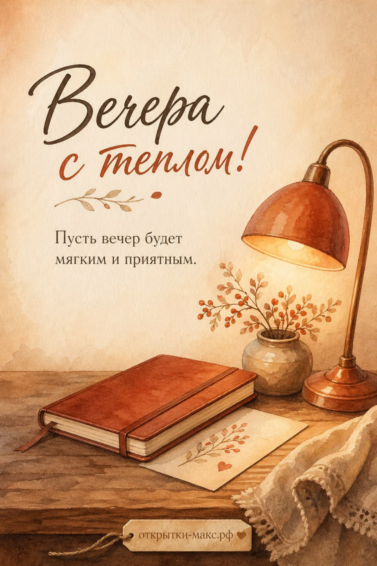 Акварельная открытка с кожаным дневником, старой настольной лампой и горшочком с ветками на деревянном столе