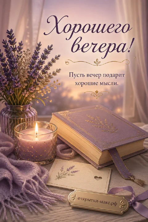 Золотая книга в лавандовом окружении с горящей свечой и мягким пледом, надпись Хорошего вечера