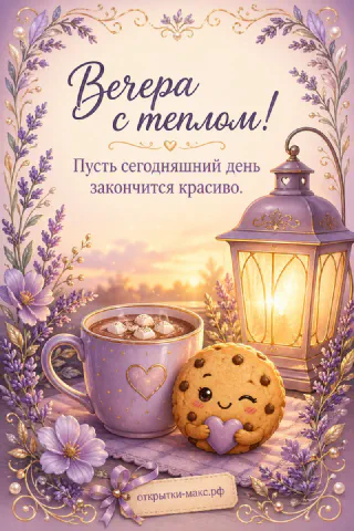 Лавандовая открытка с фонарём, чашкой какао с зефиром и улыбающимся печеньем на фоне цветов