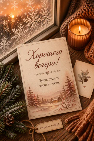Горящая янтарная свеча рядом с открыткой с зимним пейзажем и еловой веткой у морозного окна