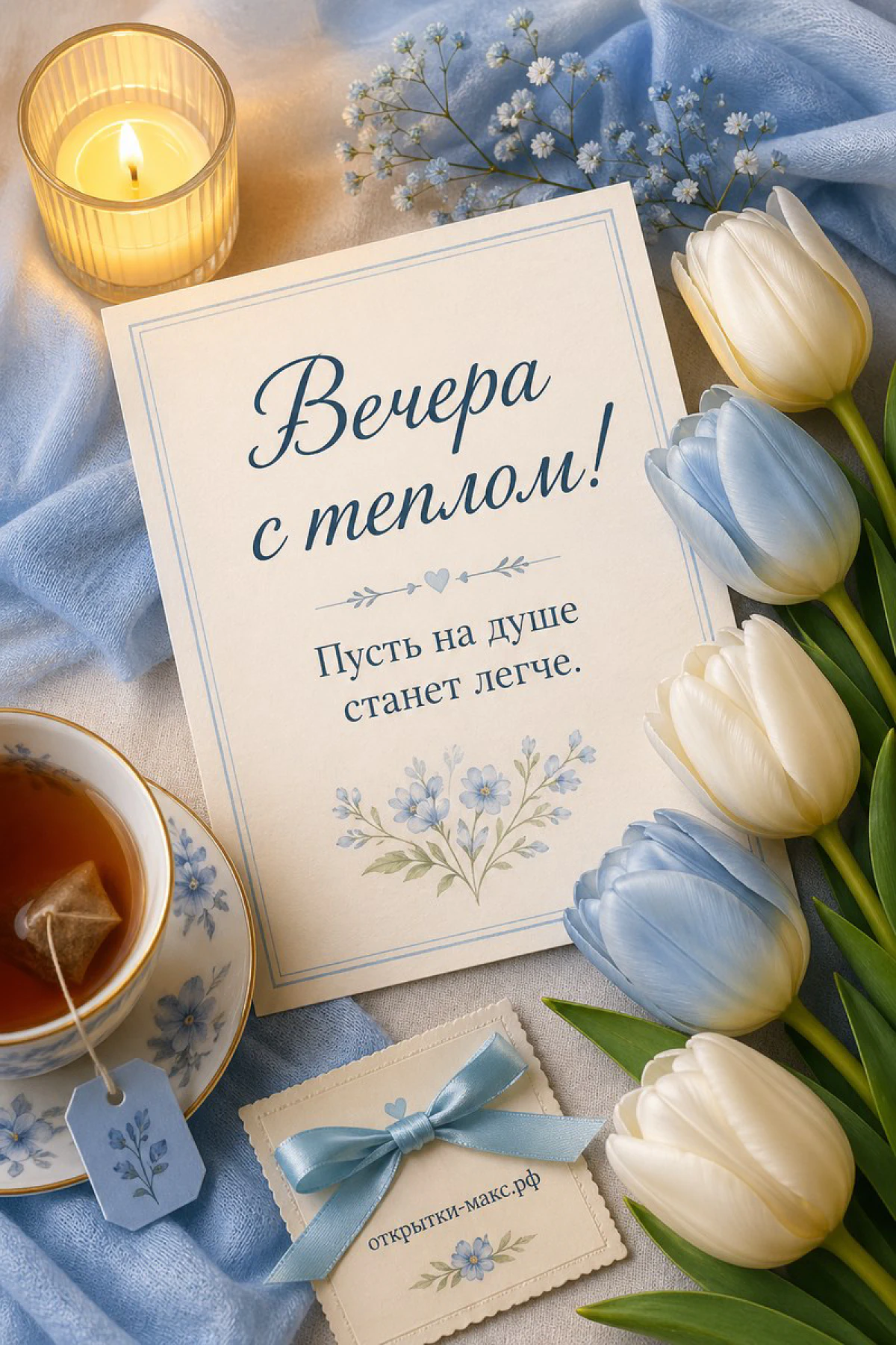 Открытка с текстом среди синих и белых тюльпанов с горящей свечой и чашкой чая на голубом фоне