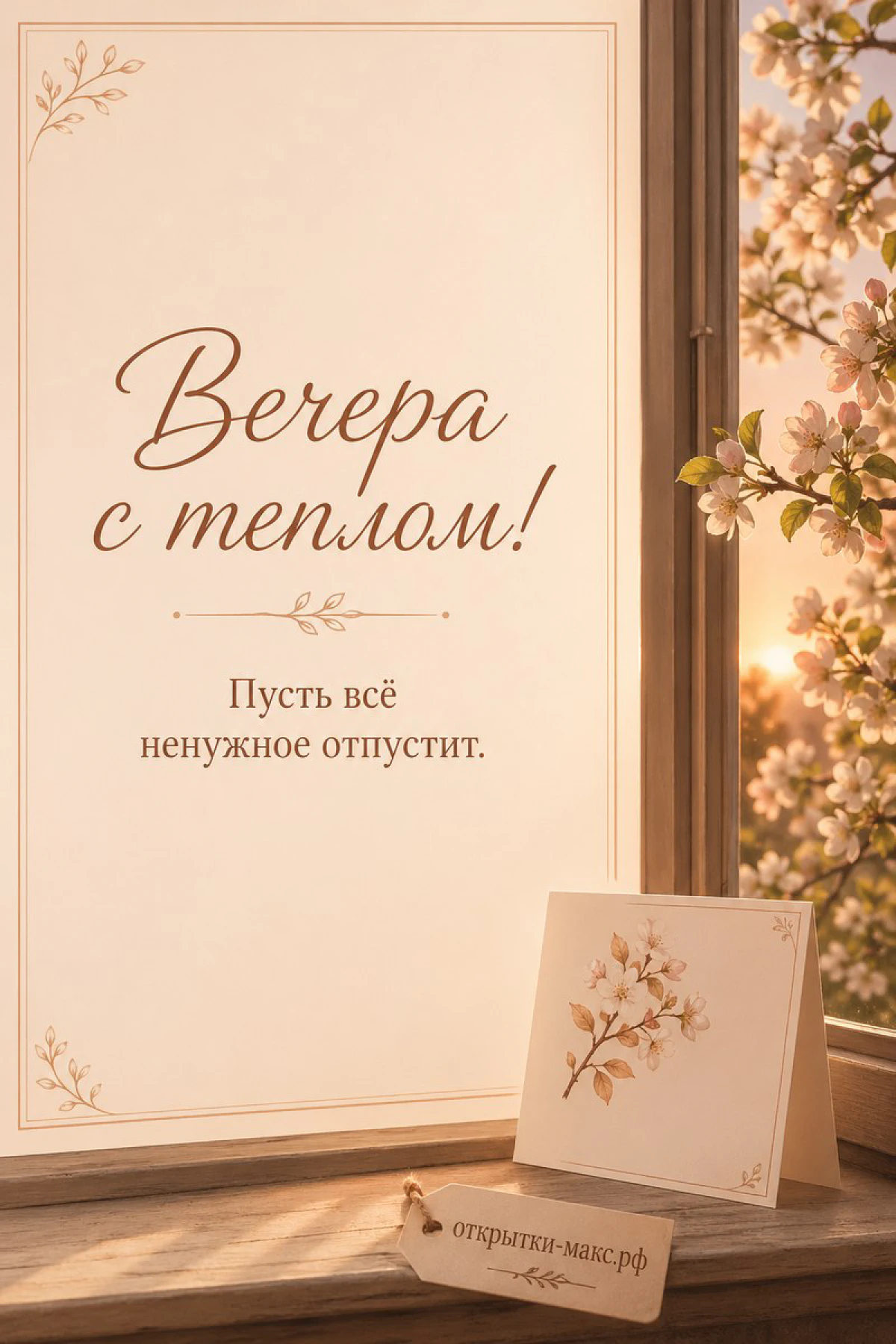 Светлая весенняя открытка с цветущей яблоней за окном и маленькой открыткой на подоконнике