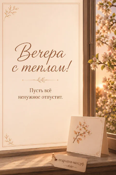 Светлая весенняя открытка с цветущей яблоней за окном и маленькой открыткой на подоконнике