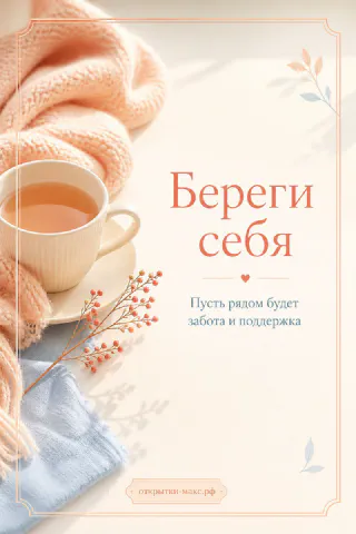 Чашка чая с пледом и веточкой с ягодами, надпись «Береги себя» на светлом фоне