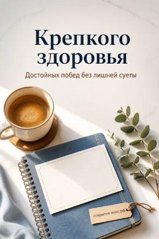Чашка кофе на подставке рядом с синим блокнотом и веткой эвкалипта, надпись «Крепкого здоровья» на белом фоне