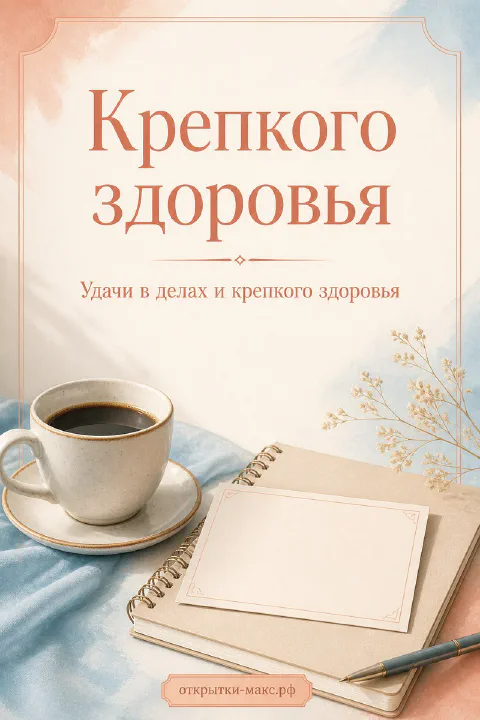 Чашка кофе с блюдцем и раскрытая тетрадь на акварельном персиково-голубом фоне, надпись «Крепкого здоровья»