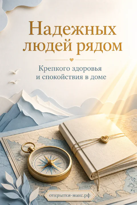 Золотой компас и блокнот на старинной карте на фоне гор и птиц, надпись «Надёжных людей рядом»