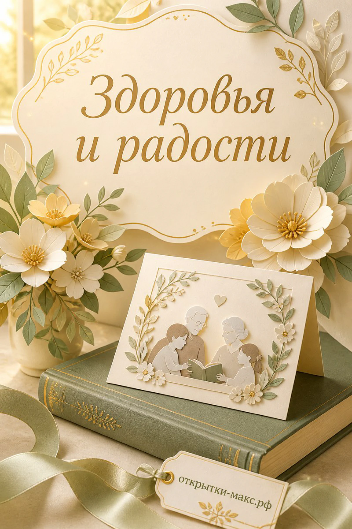 Бумажная открытка с семьёй — бабушка с детьми читают книгу — среди жёлтых цветов и золотых листьев