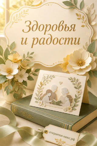 Бумажная открытка с семьёй — бабушка с детьми читают книгу — среди жёлтых цветов и золотых листьев