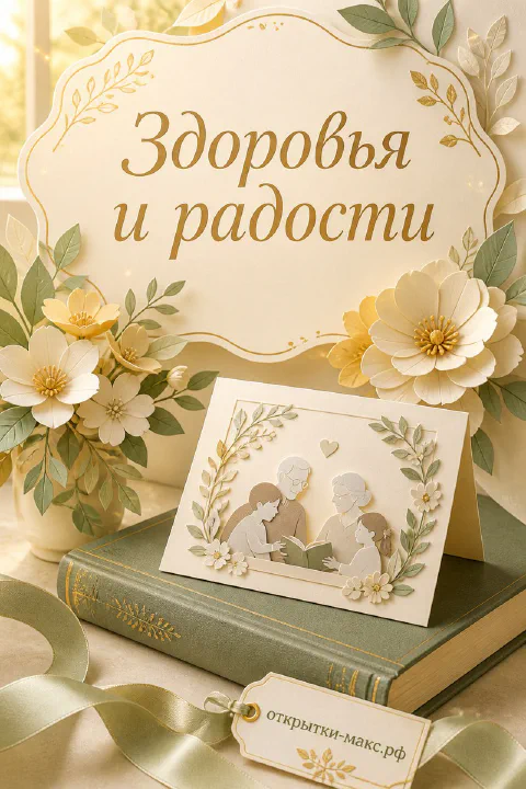 Бумажная открытка с семьёй — бабушка с детьми читают книгу — среди жёлтых цветов и золотых листьев