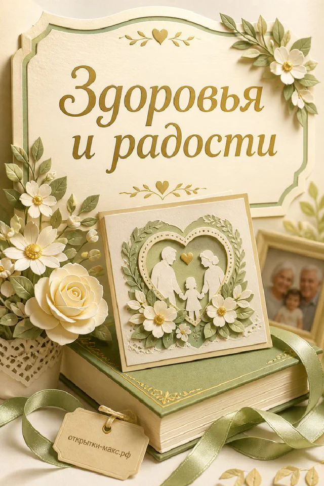 Бумажная открытка с семьёй — бабушка с детьми читают книгу — среди жёлтых цветов и золотых листьев — вариант 3
