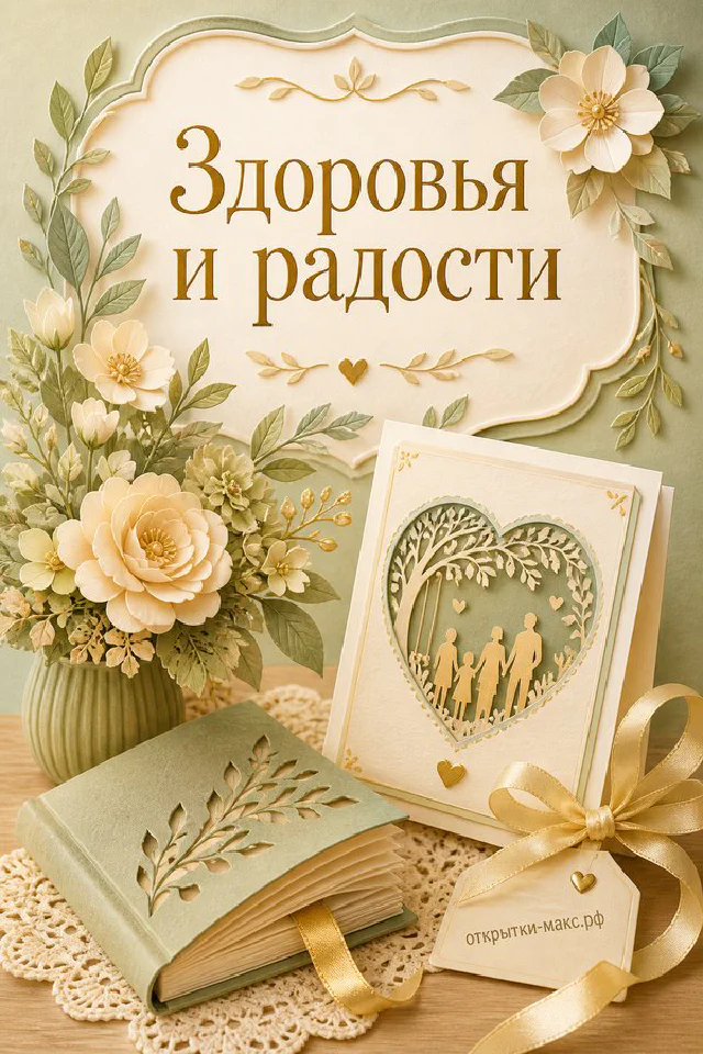 Бумажная открытка с семьёй — бабушка с детьми читают книгу — среди жёлтых цветов и золотых листьев — вариант 4
