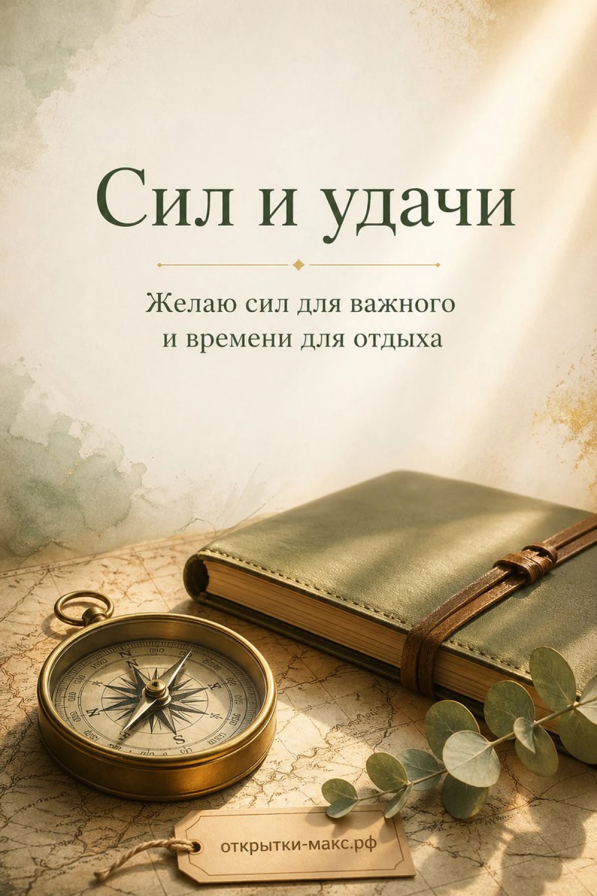Старинный компас и кожаный блокнот с пряжкой на карте с веткой эвкалипта, надпись «Сил и удачи»
