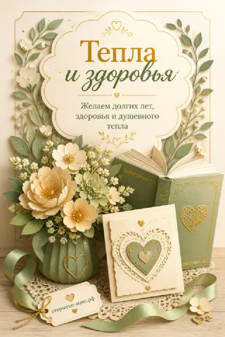 Ваза с кремовыми цветами, зелёная книга и маленькая открытка с сердечком на кружевной подставке, надпись «Тепла и здоровья»