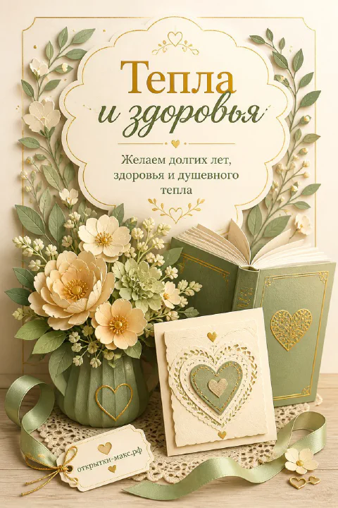Ваза с кремовыми цветами, зелёная книга и маленькая открытка с сердечком на кружевной подставке, надпись «Тепла и здоровья»