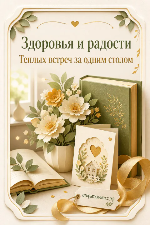 Светлая открытка с кремовыми бумажными цветами, книгой, объёмным домиком и золотой лентой, надпись «Здоровья и радости»