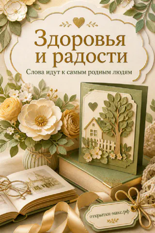 Открытка с бумажными кремовыми цветами, открытой книгой и объёмным домиком с деревом, надпись «Здоровья и радости»