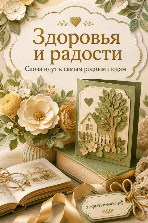 Открытка с бумажными кремовыми цветами, открытой книгой и объёмным домиком с деревом, надпись «Здоровья и радости»