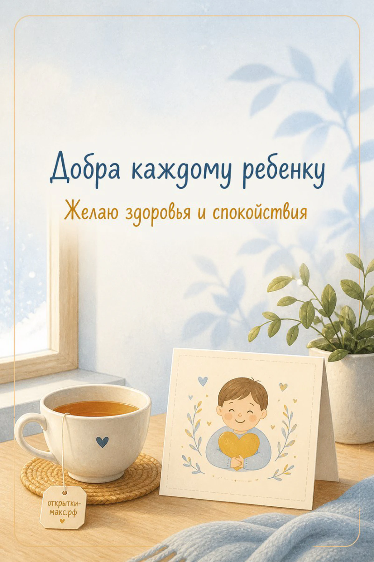 Чашка чая с сердечком у окна рядом с открыткой с мальчиком и надписью о здоровье ребёнка