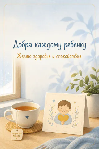 Чашка чая с сердечком у окна рядом с открыткой с мальчиком и надписью о здоровье ребёнка