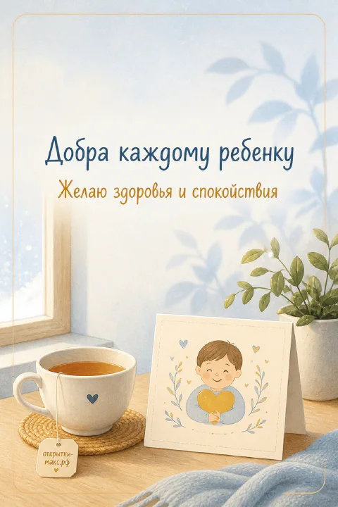 Чашка чая с сердечком у окна рядом с открыткой с мальчиком и надписью о здоровье ребёнка