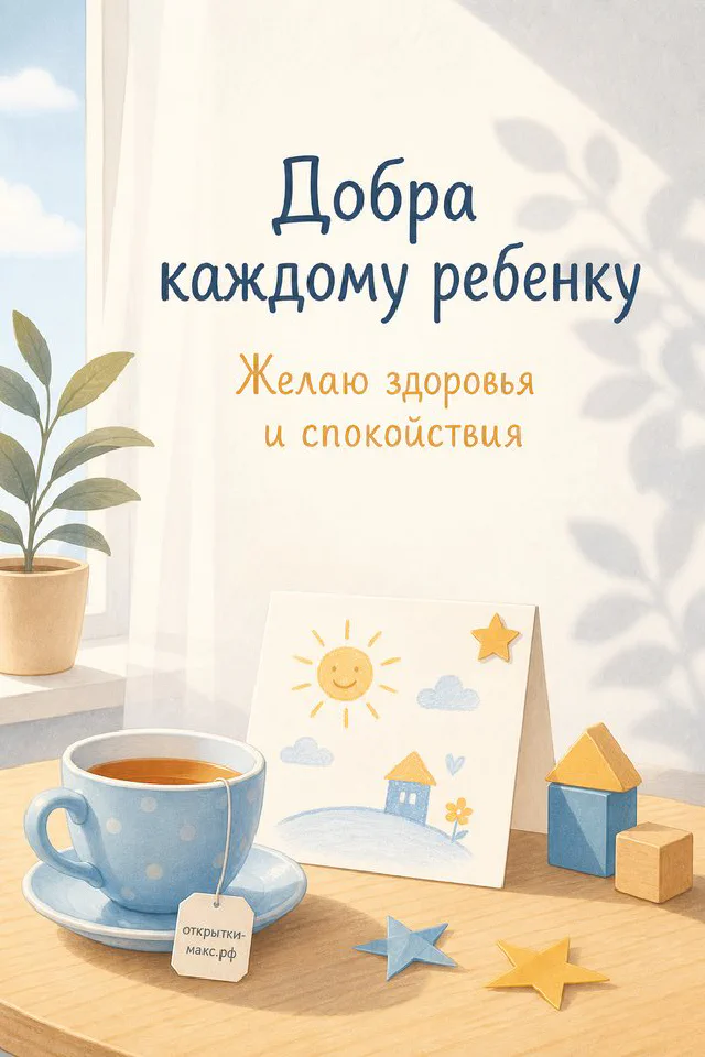 Чашка чая с сердечком у окна рядом с открыткой с мальчиком и надписью о здоровье ребёнка — вариант 2