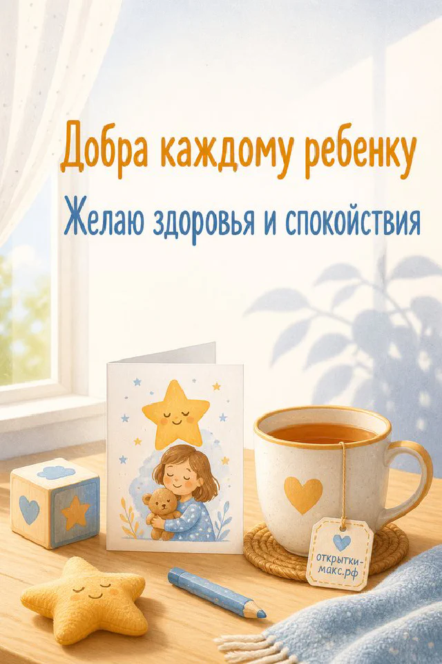 Чашка чая с сердечком у окна рядом с открыткой с мальчиком и надписью о здоровье ребёнка — вариант 3